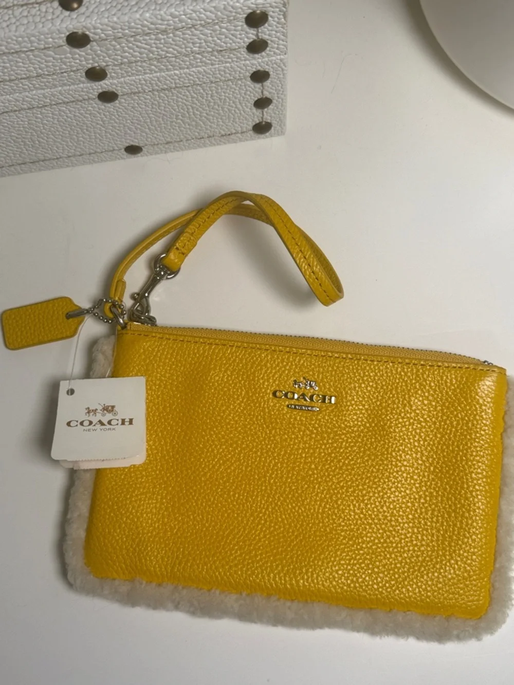 NWT COACH Yellow Pebbled Leather Wristlet with Shearling Trim